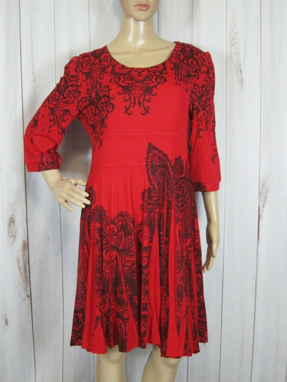 The Paragon Red Black Damask Knit Skater Midi Dress L Large Goth Coquette NWOT